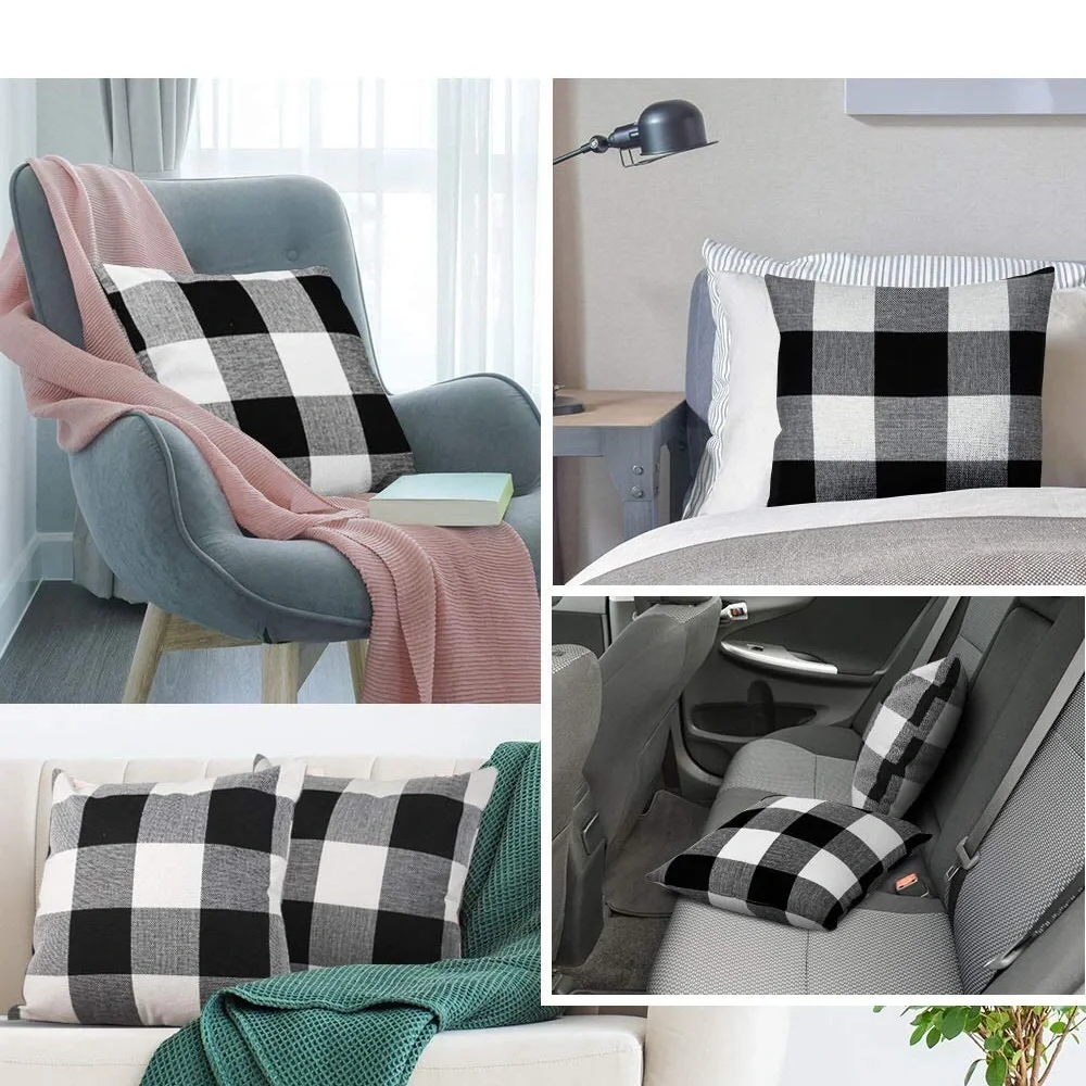 2 Retro Cotton | Linen Farmhouse Decorative Buffalo Check Plaid Throw Covers